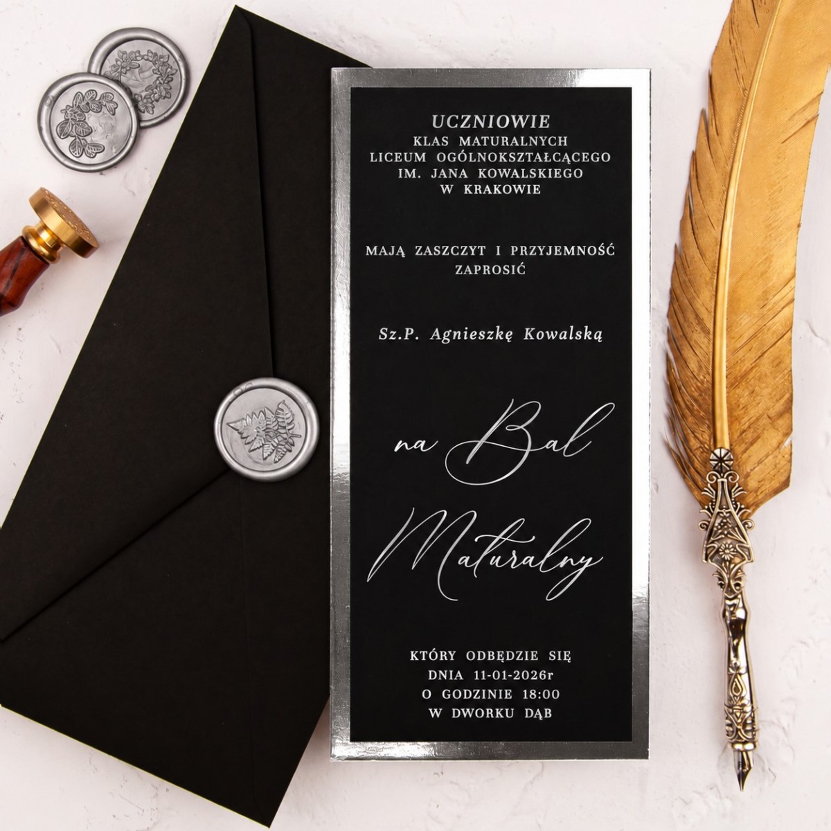 Pozłacane zaproszenia na studniówkę bal maturalny na czarnym papierze - Silver Black Prom